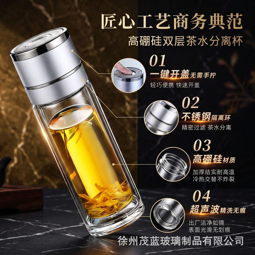 Wholesale One-Click Open Lid Tea Separation Glass Quick Open Cup Car Double-Layer Portable Tea Cup Water Cup Printable