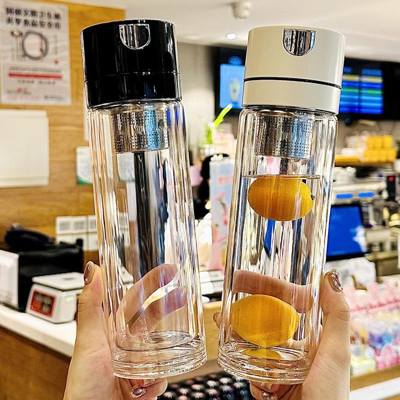 Two-in-One Key Press-Type Glass Anti-Scald Glass Water Cup Men's Double-Layer Tea Cup Car Magnetic Suction Tea Separation