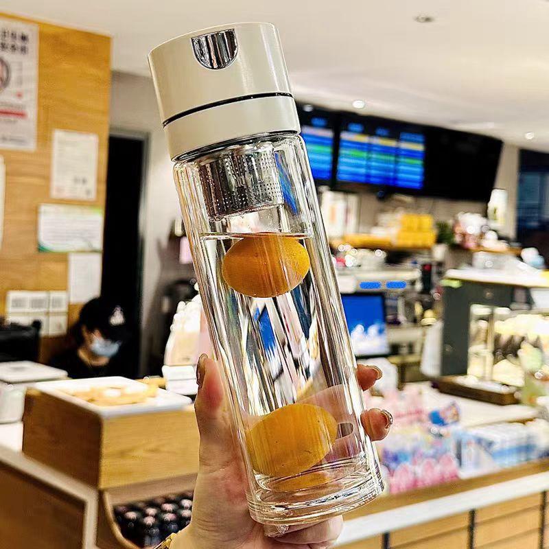 Two-in-One Key Press-Type Glass Anti-Scald Glass Water Cup Men's Double-Layer Tea Cup Car Magnetic Suction Tea Separation