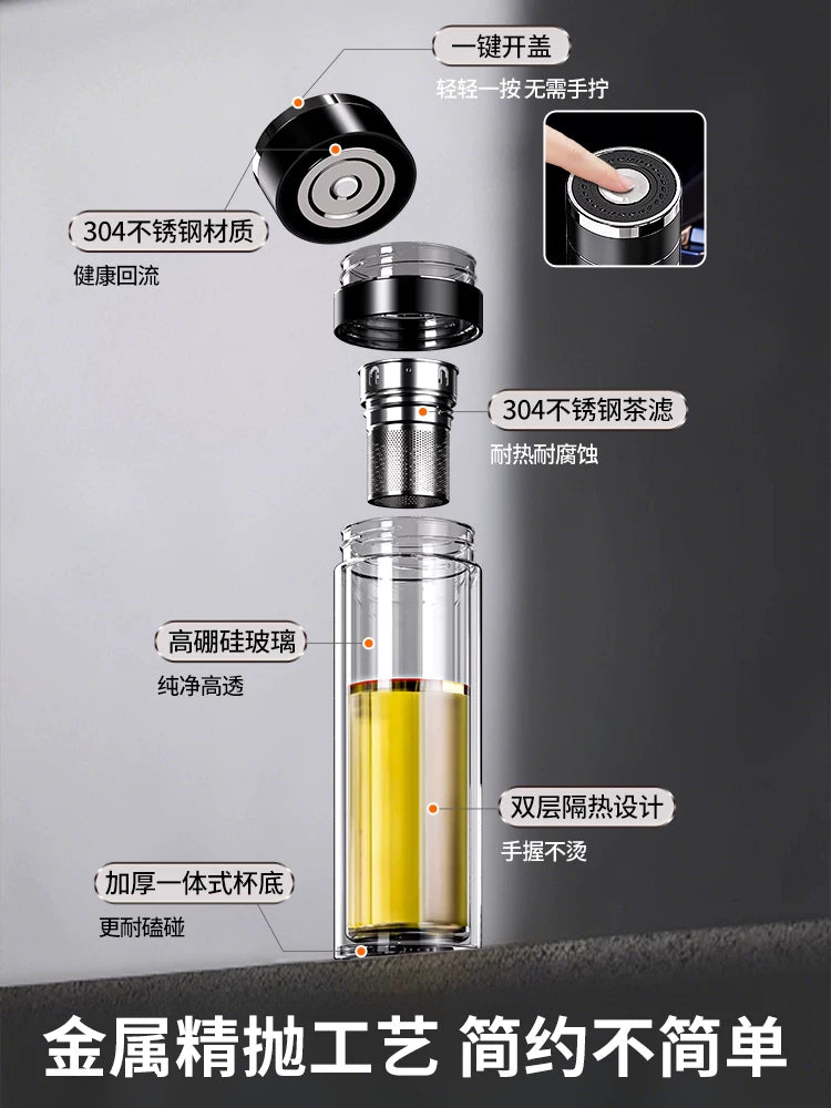 Glass Double-Layer Water Cup Car-Mounted Large Capacity Household Tea Separation One-Click Open Lid Men's Tea Making New 2026