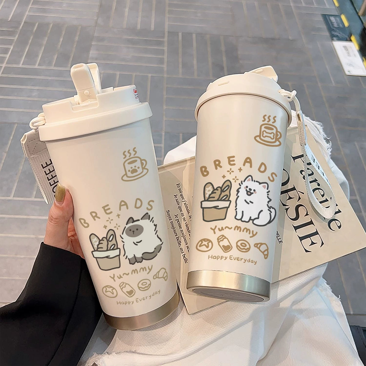 Blowing Kitten Stainless Steel Vacuum Cup Coffee Cup High-Looking Straw Cup Student Men and Women Portable Water Cup Large Capacity