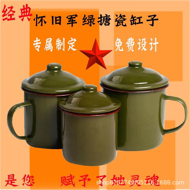 Vintage Army Green Enamel Tea Jar Water Cup – Thickened Classic Retro Design, Gift for Veterans and Cadres, Military Cup Tea Jar