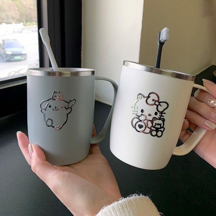 Japanese-Style 304 Stainless Steel Mildew-Proof Wash and Brushing Water Cup with Handle for a Family of Three, Simple Cute Ins