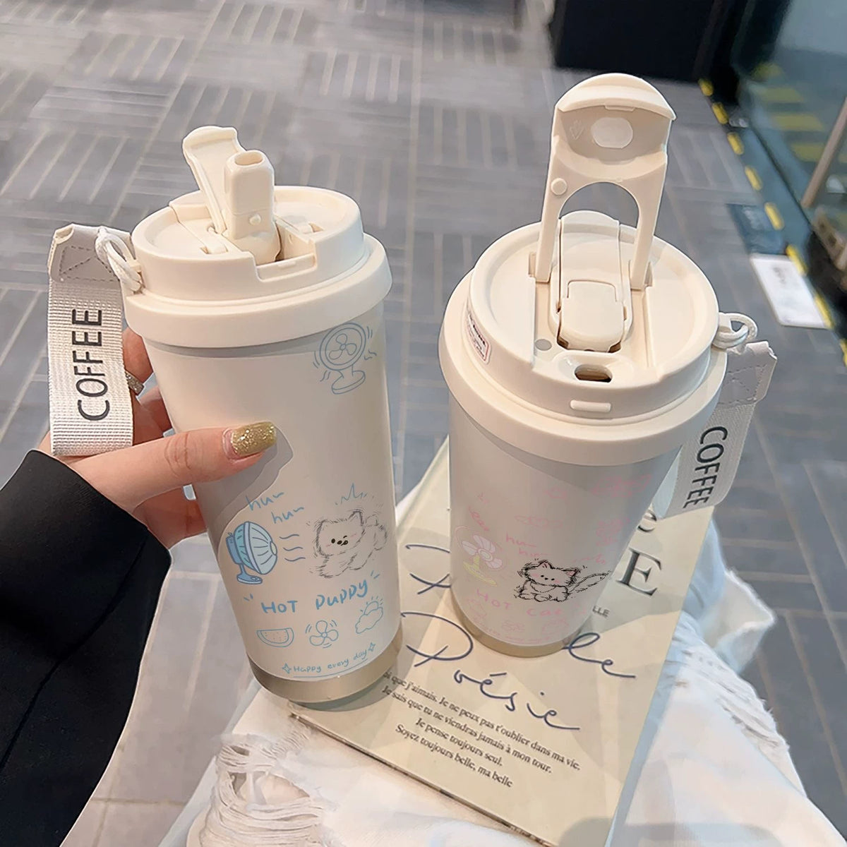 Blowing Kitten Stainless Steel Vacuum Cup Coffee Cup High-Looking Straw Cup Student Men and Women Portable Water Cup Large Capacity