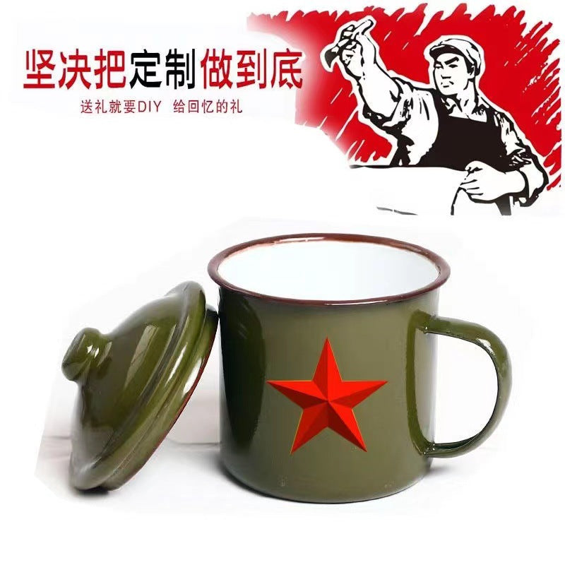Vintage Army Green Enamel Tea Jar Water Cup – Thickened Classic Retro Design, Gift for Veterans and Cadres, Military Cup Tea Jar