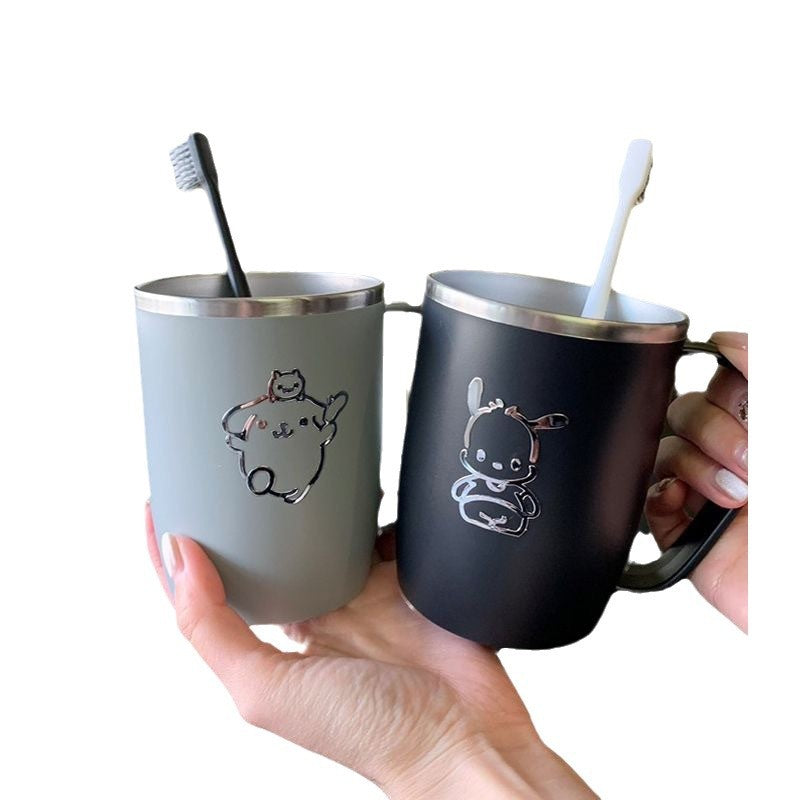 Japanese-Style 304 Stainless Steel Mildew-Proof Wash and Brushing Water Cup with Handle for a Family of Three, Simple Cute Ins