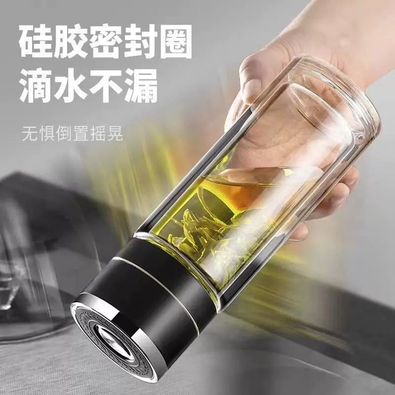 Double-Layer Tempered Glass with One-Click Lid Double Large Capacity Tea Separation Tea Cup Men and Women Pressing Speed