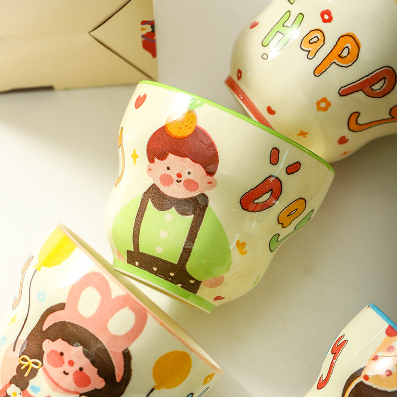 Ceramic Coffee Cup Family Set of Four, Cute Cartoon Household Breakfast Mugs, Small Activity Gift Cups