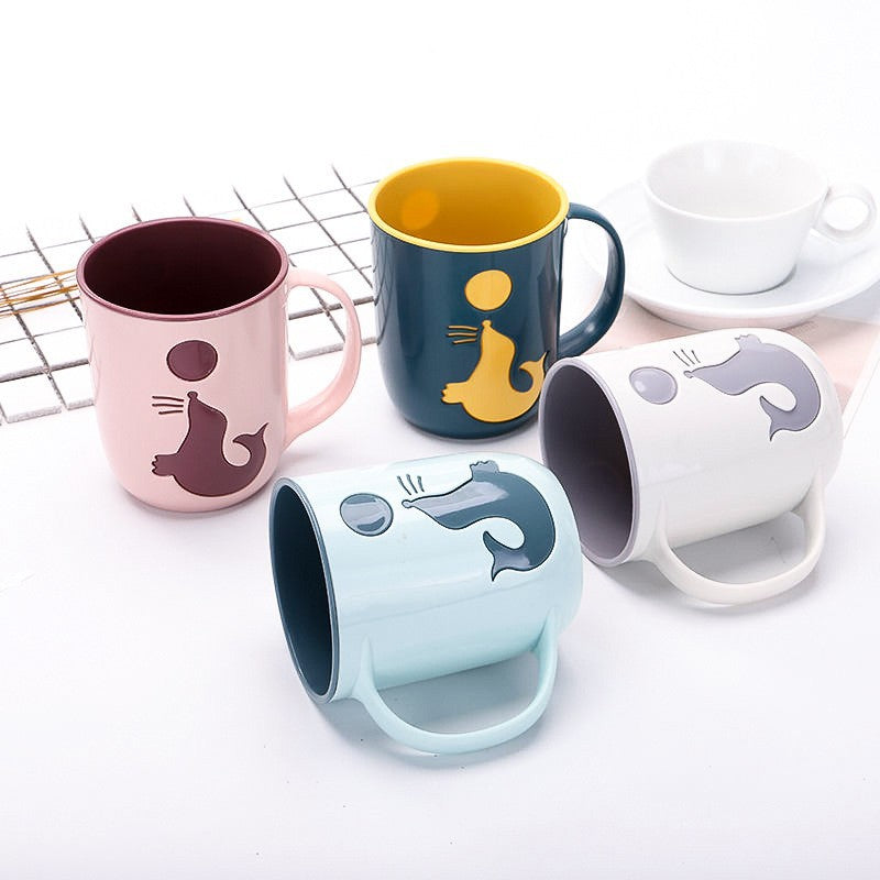 Two-Layer Color-Contrast Rinse Cup Couple Mouthwash Cup Household Brushing Cup Creative Sea Lion Toothbrush Cup Dolphin Toothbrush Cup
