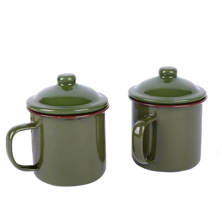 Vintage Army Green Enamel Tea Jar Water Cup – Thickened Classic Retro Design, Gift for Veterans and Cadres, Military Cup Tea Jar