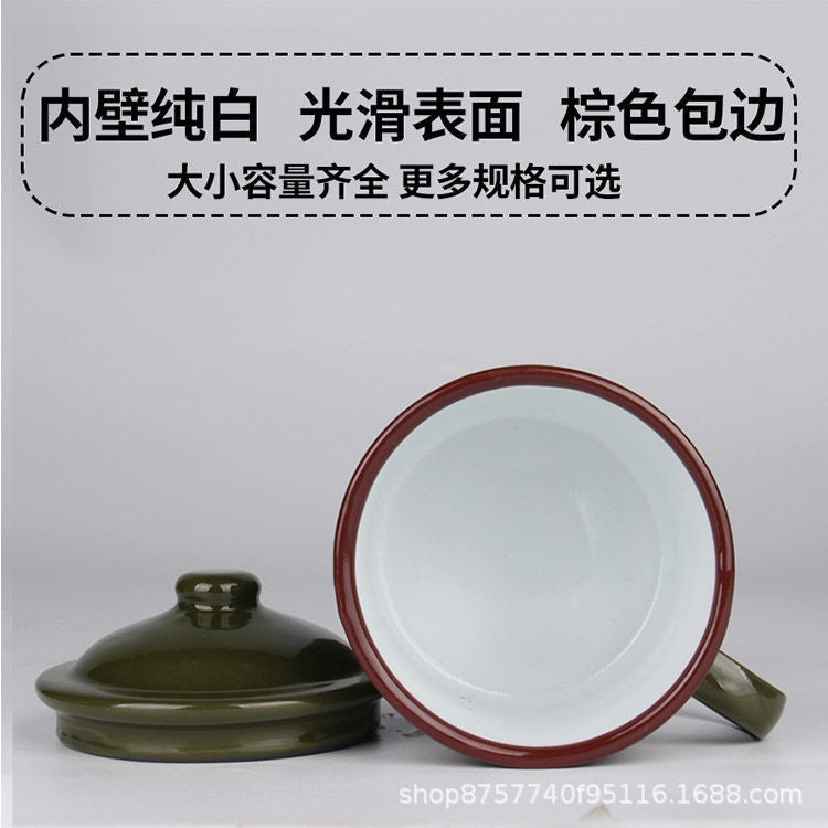 Vintage Army Green Enamel Tea Jar Water Cup – Thickened Classic Retro Design, Gift for Veterans and Cadres, Military Cup Tea Jar