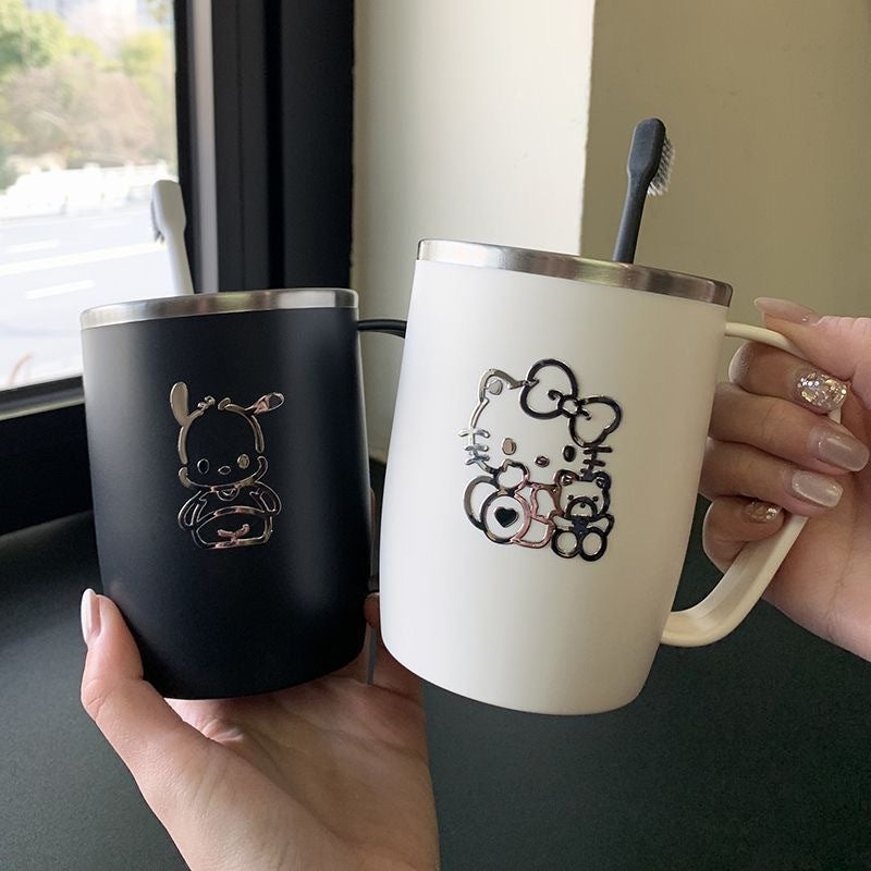 Japanese-Style 304 Stainless Steel Mildew-Proof Wash and Brushing Water Cup with Handle for a Family of Three, Simple Cute Ins