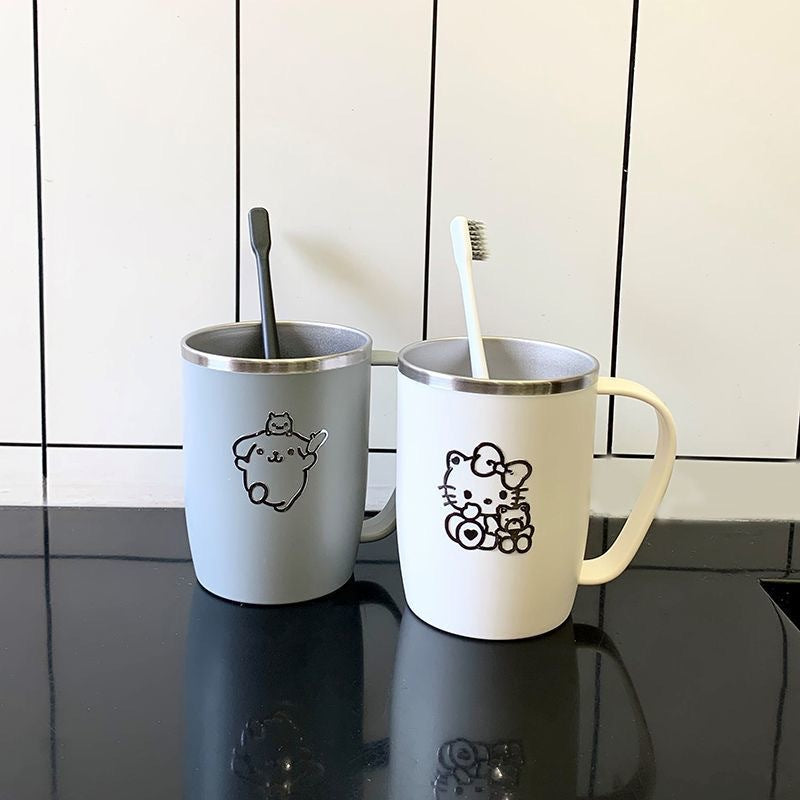 Japanese-Style 304 Stainless Steel Mildew-Proof Wash and Brushing Water Cup with Handle for a Family of Three, Simple Cute Ins