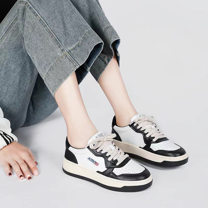 Korean Celebrity Style Au Retro White Shoes Genuine Leather German Training Shoes Couple Flat Shoes All-Match Casual Sneakers
