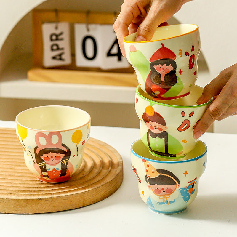 Ceramic Coffee Cup Family Set of Four, Cute Cartoon Household Breakfast Mugs, Small Activity Gift Cups
