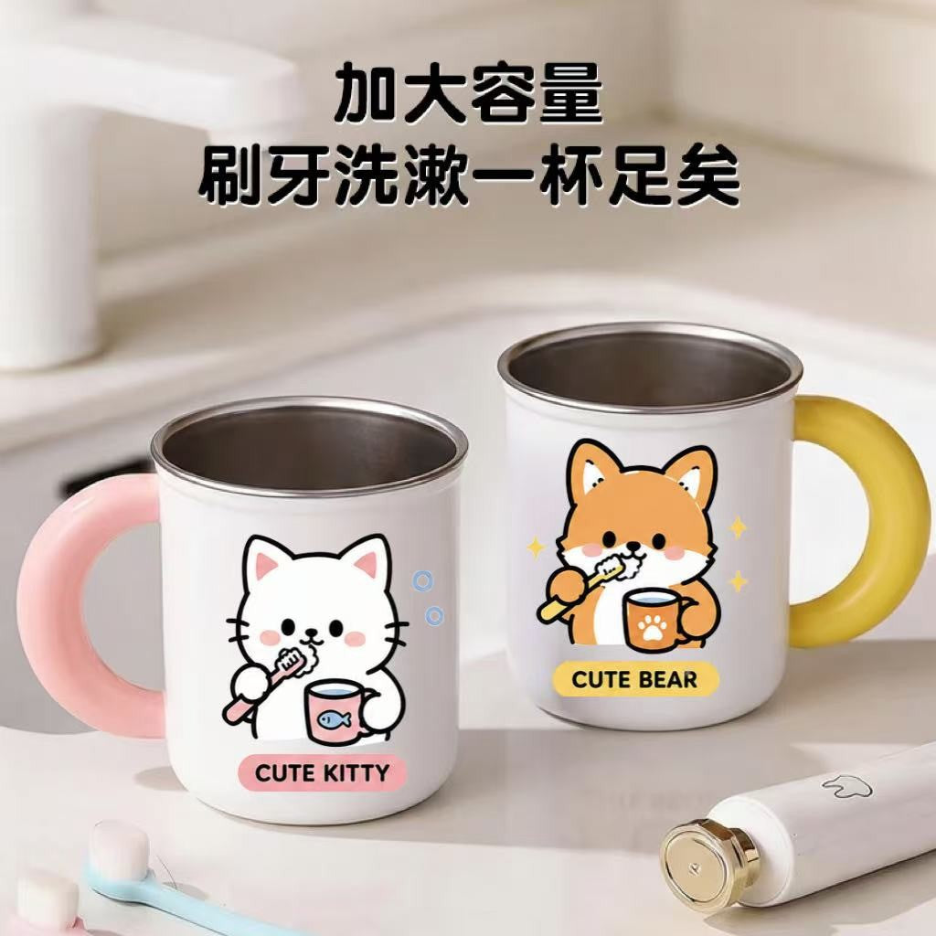 Cute Household Children's Toothbrush & Mouthwash Cup with Handle, 316 Stainless Steel Anti-Drop, Mold-Resistant and Antibacterial Wash Cup