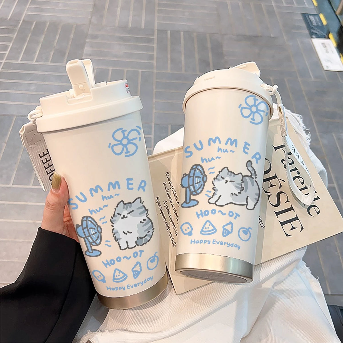 Blowing Kitten Stainless Steel Vacuum Cup Coffee Cup High-Looking Straw Cup Student Men and Women Portable Water Cup Large Capacity