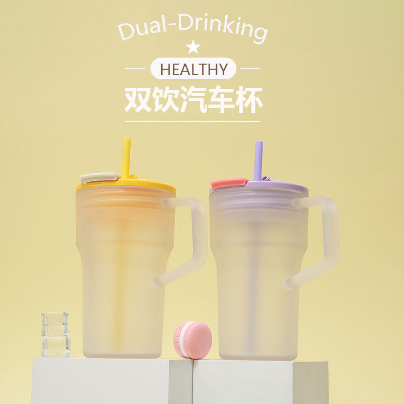 Creative High-Appeal Double Drinking Straw Car Cup, Simple 22Oz Single-Layer Plastic Water Cup for Girls' Office Daily Use