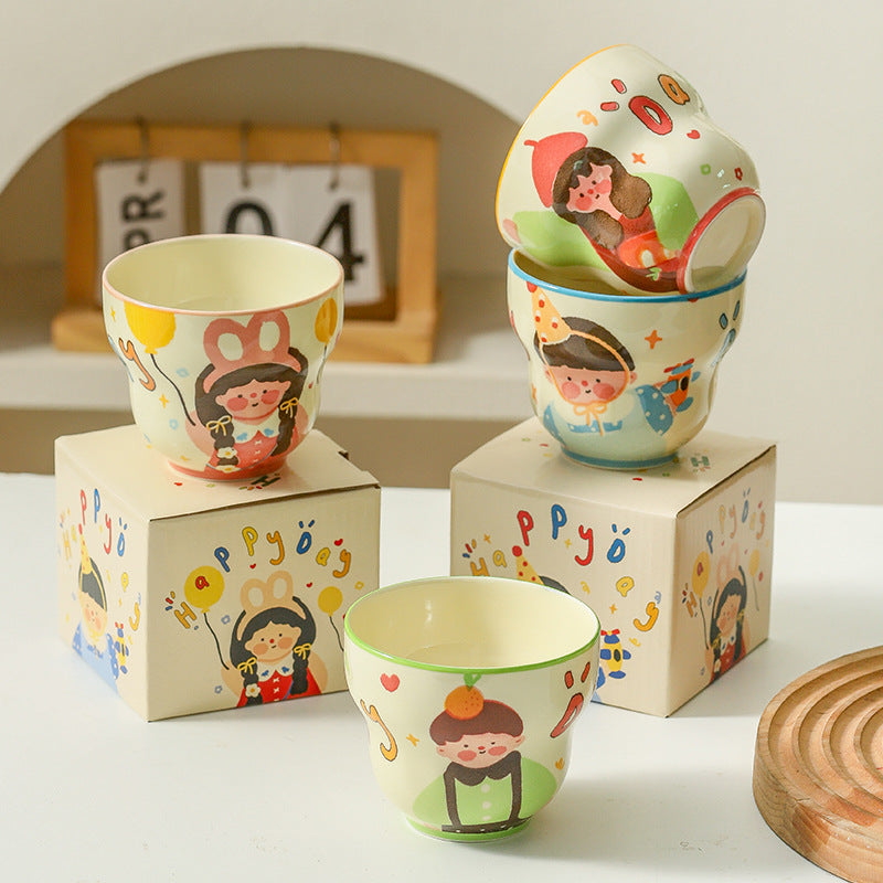 Ceramic Coffee Cup Family Set of Four, Cute Cartoon Household Breakfast Mugs, Small Activity Gift Cups