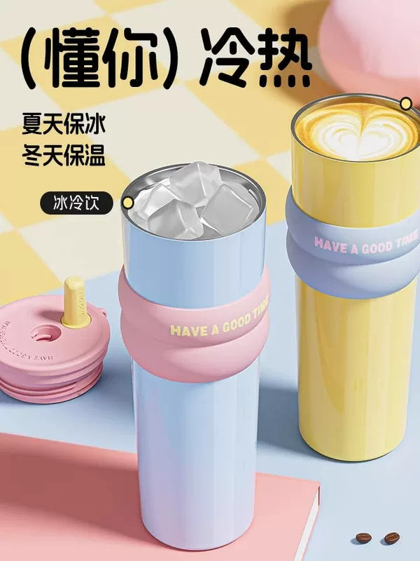 Stainless Steel Car Ice Cream Cup Women's Large Capacity Vacuum Cup High-Looking Coffee Cup Portable Outdoor Straw Water Cup