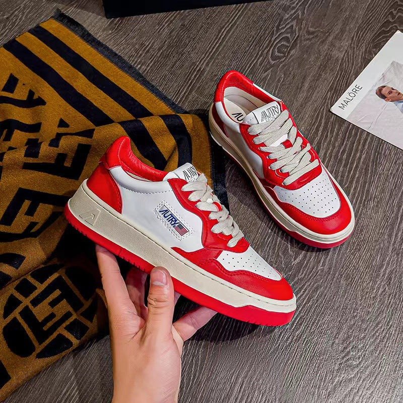 Korean Celebrity Style Au Retro White Shoes Genuine Leather German Training Shoes Couple Flat Shoes All-Match Casual Sneakers