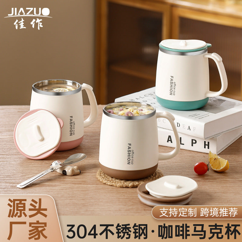 304 Stainless Steel Office Mug for Girls, Stylish Coffee Cup, Delicate Tea Cup with Lid and Spoon